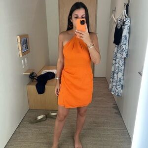Orange linen Reformation halter mini dress